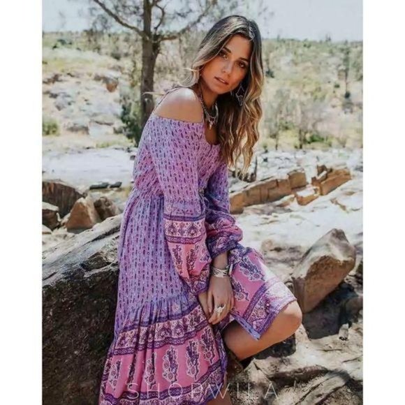 Dresses & Skirts - Boho Print Purple Dress Gypsy Western Cactus